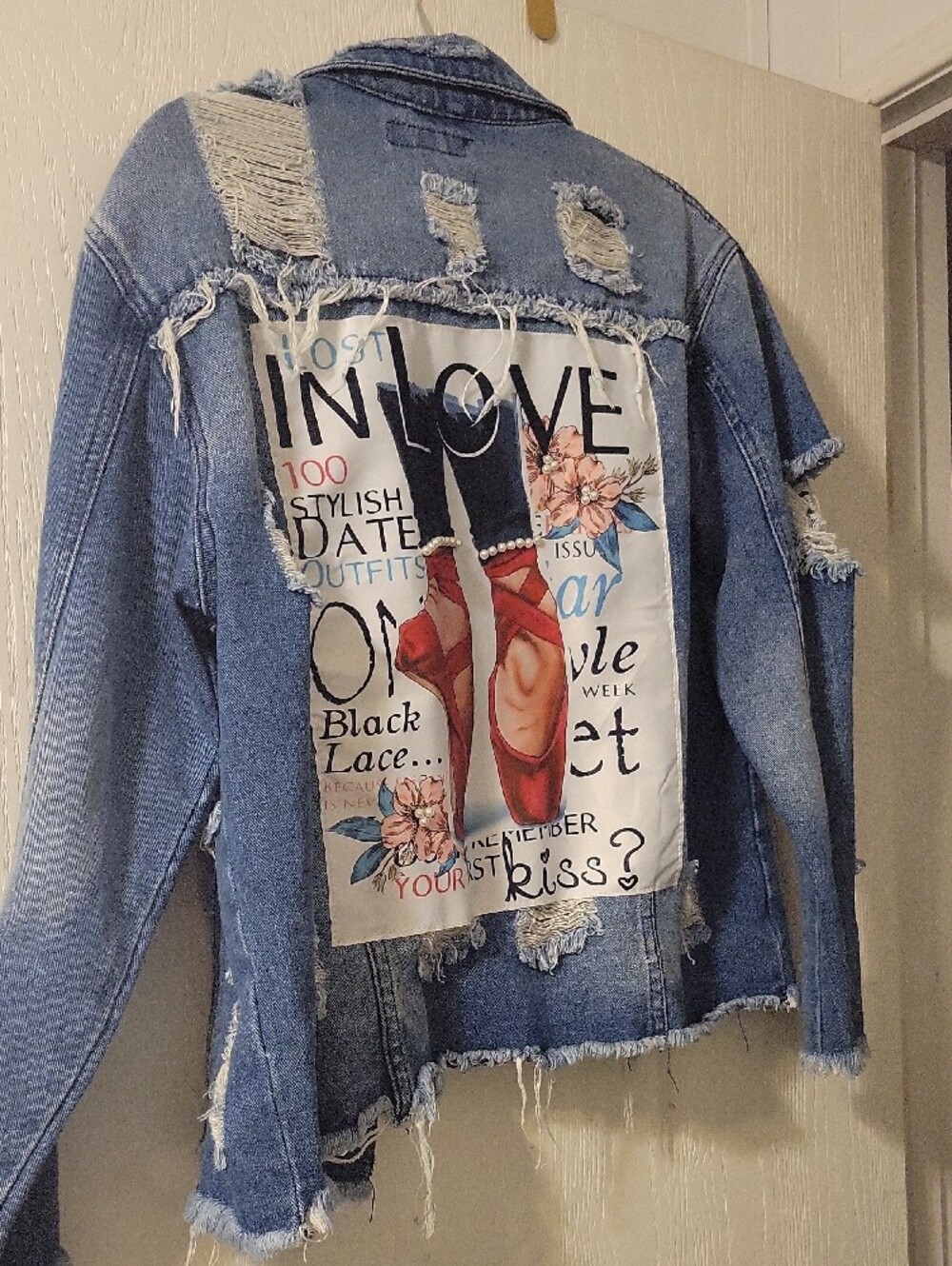 Women's Distressed Light Blue Denim Jean Jacket With Panel Added On Back